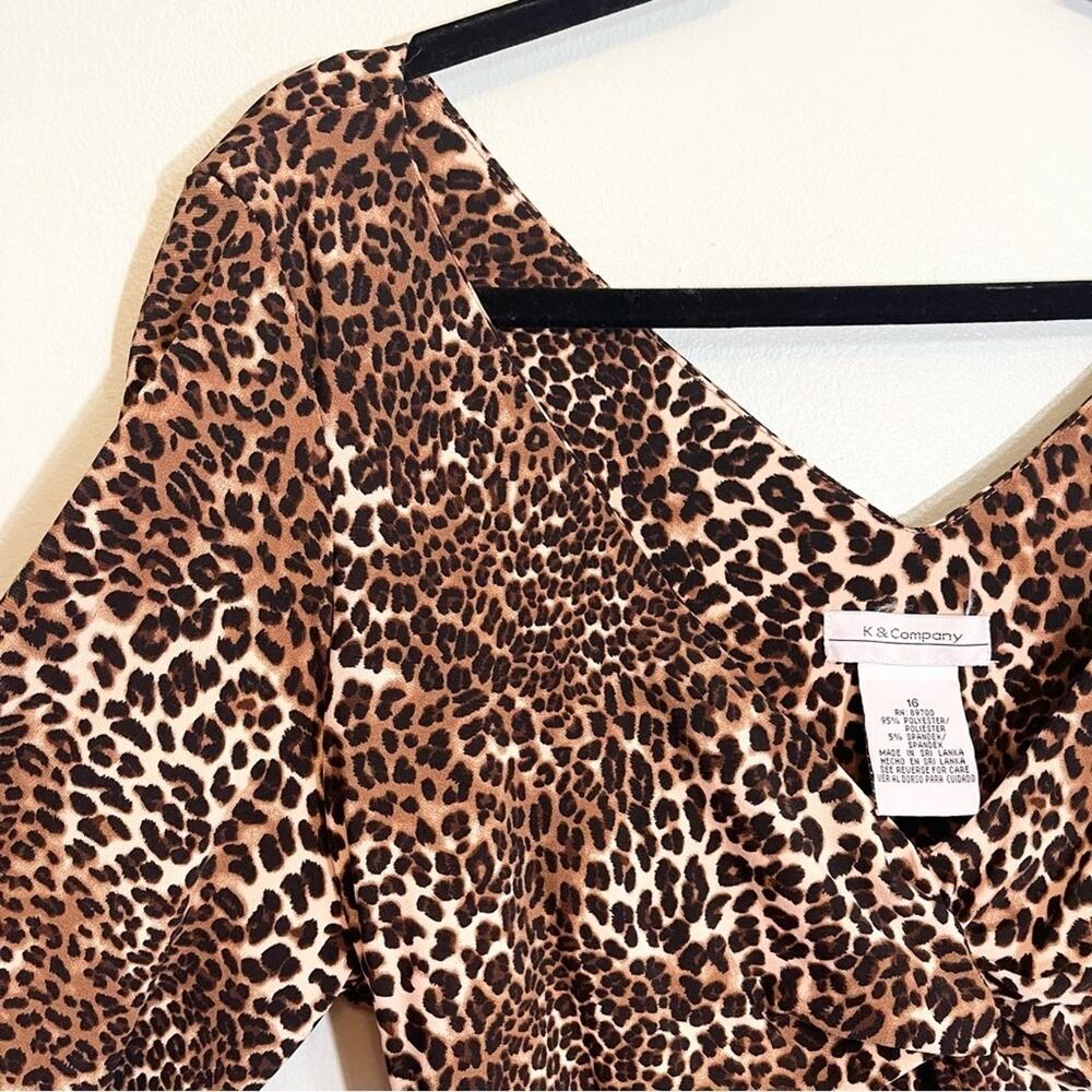 K & Company Women's Animal Print Ruched V-Neck Tie Waist Dress Size 16 - Picture 5 of 11